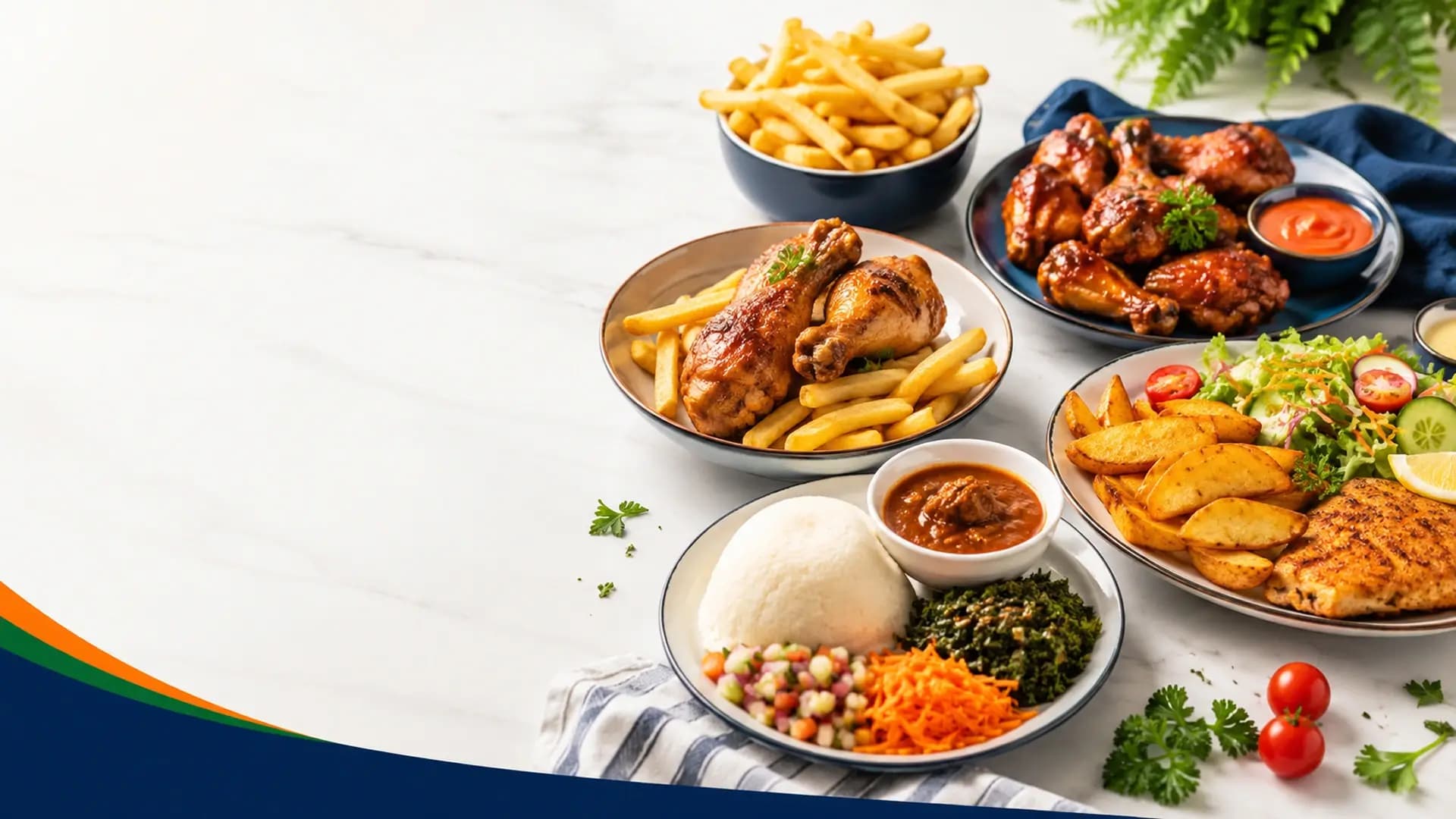 A selection of OneStop Kitchen meals including chicken, chips, pap, vegetables and hake.
